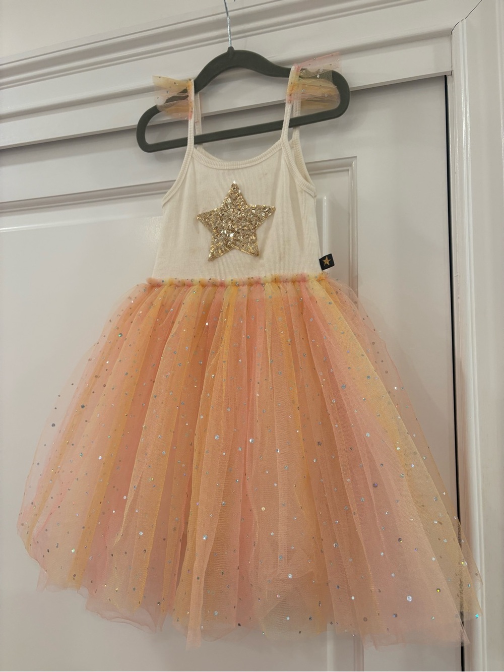 Girls' Peach-Pink Star Tulle Dance Dress with Gold Sequin Star